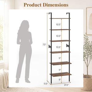 6-Tier Freestanding ladder Storage bookshelf with Metal Frame for Study and Pantry-Rustic Brown