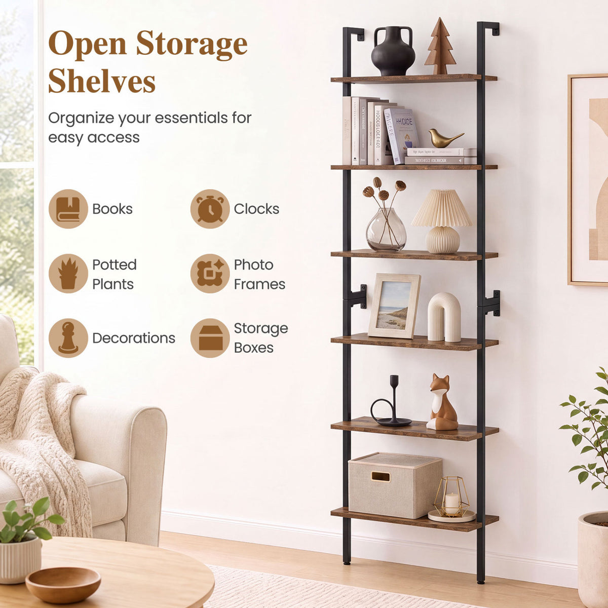 6-Tier Freestanding ladder Storage bookshelf with Metal Frame for Study and Pantry-Rustic Brown