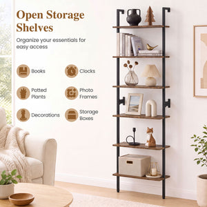 6-Tier Freestanding ladder Storage bookshelf with Metal Frame for Study and Pantry-Rustic Brown