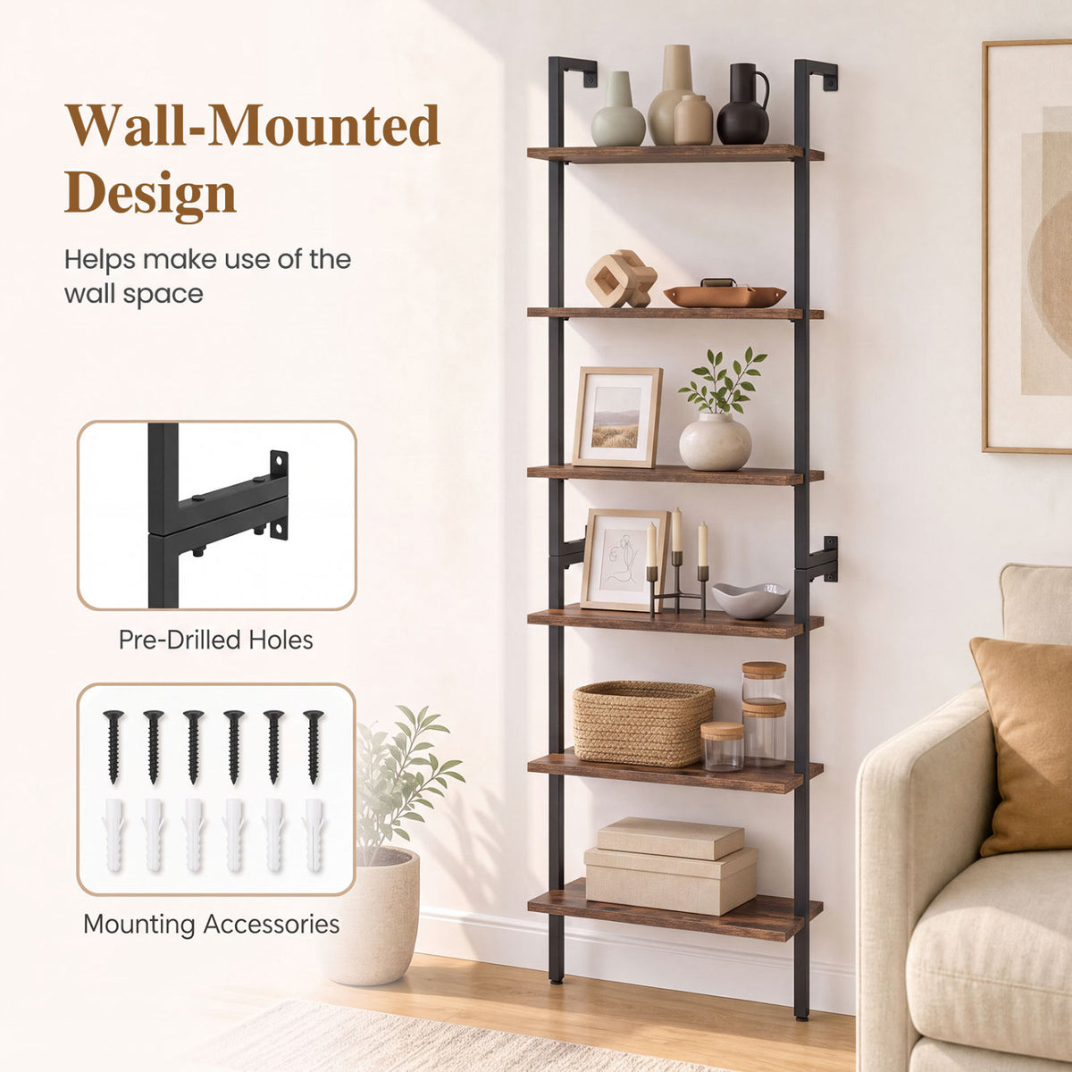 6-Tier Freestanding ladder Storage bookshelf with Metal Frame for Study and Pantry-Rustic Brown