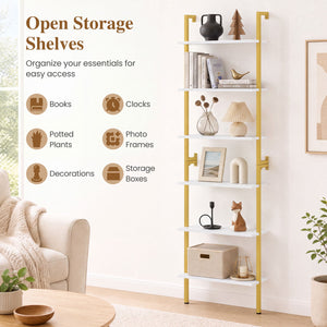 6-Tier Freestanding ladder Storage bookshelf with Metal Frame for Study and Pantry-White