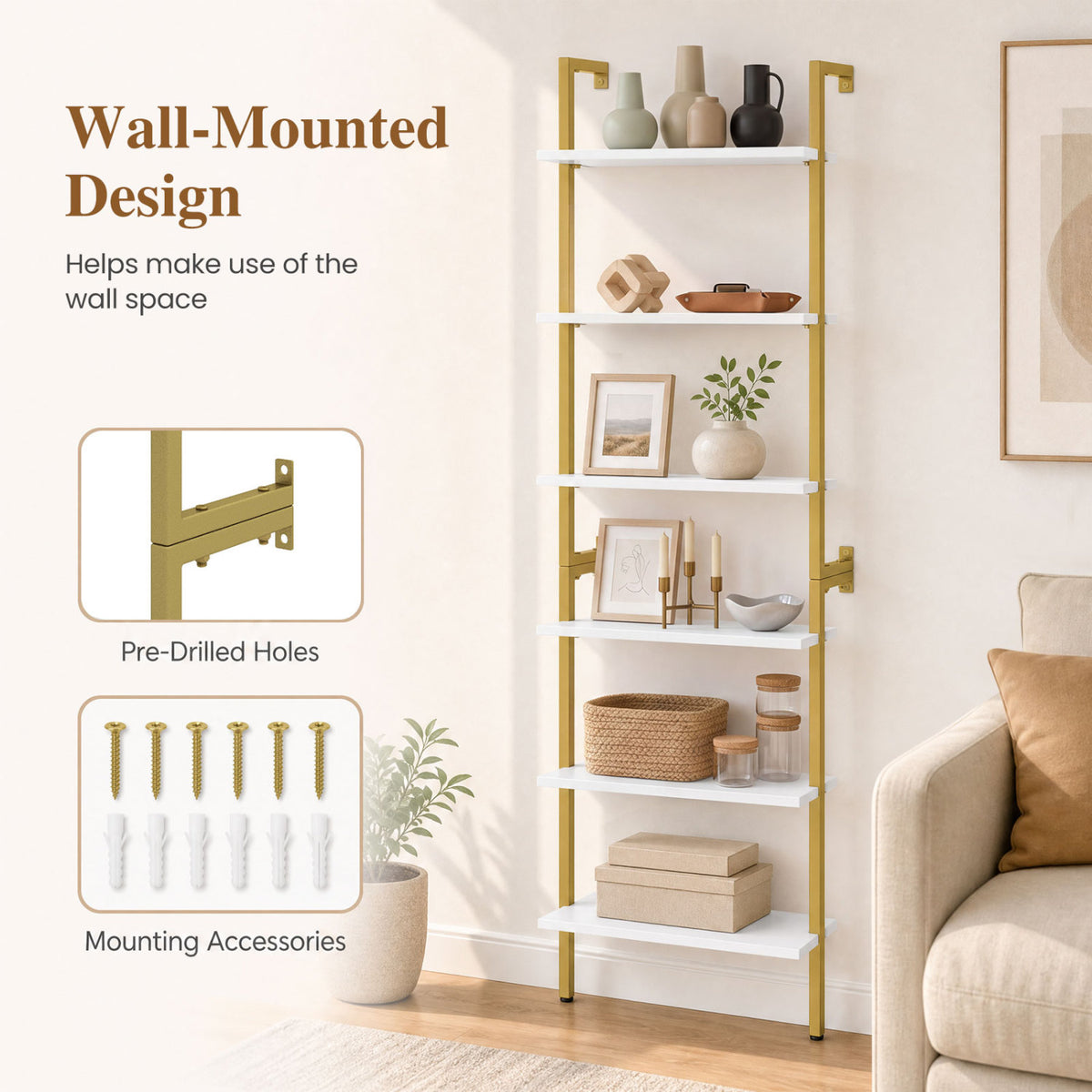 6-Tier Freestanding ladder Storage bookshelf with Metal Frame for Study and Pantry-White