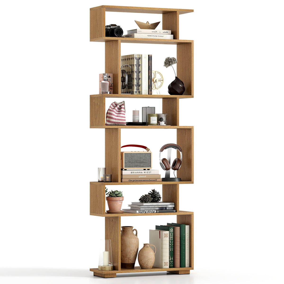 6-Tier Geometric Bookshelf with 2 Anti-Tipping Kits for Home Office-Natural