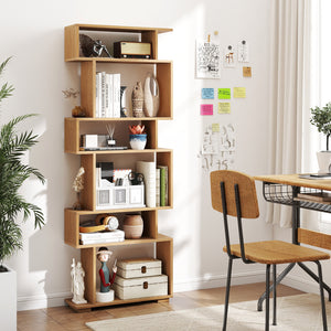 6-Tier Geometric Bookshelf with 2 Anti-Tipping Kits for Home Office-Natural