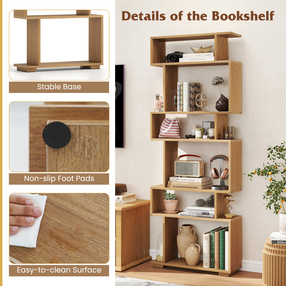 6-Tier Geometric Bookshelf with 2 Anti-Tipping Kits for Home Office-Natural