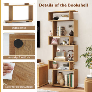 6-Tier Geometric Bookshelf with 2 Anti-Tipping Kits for Home Office-Natural