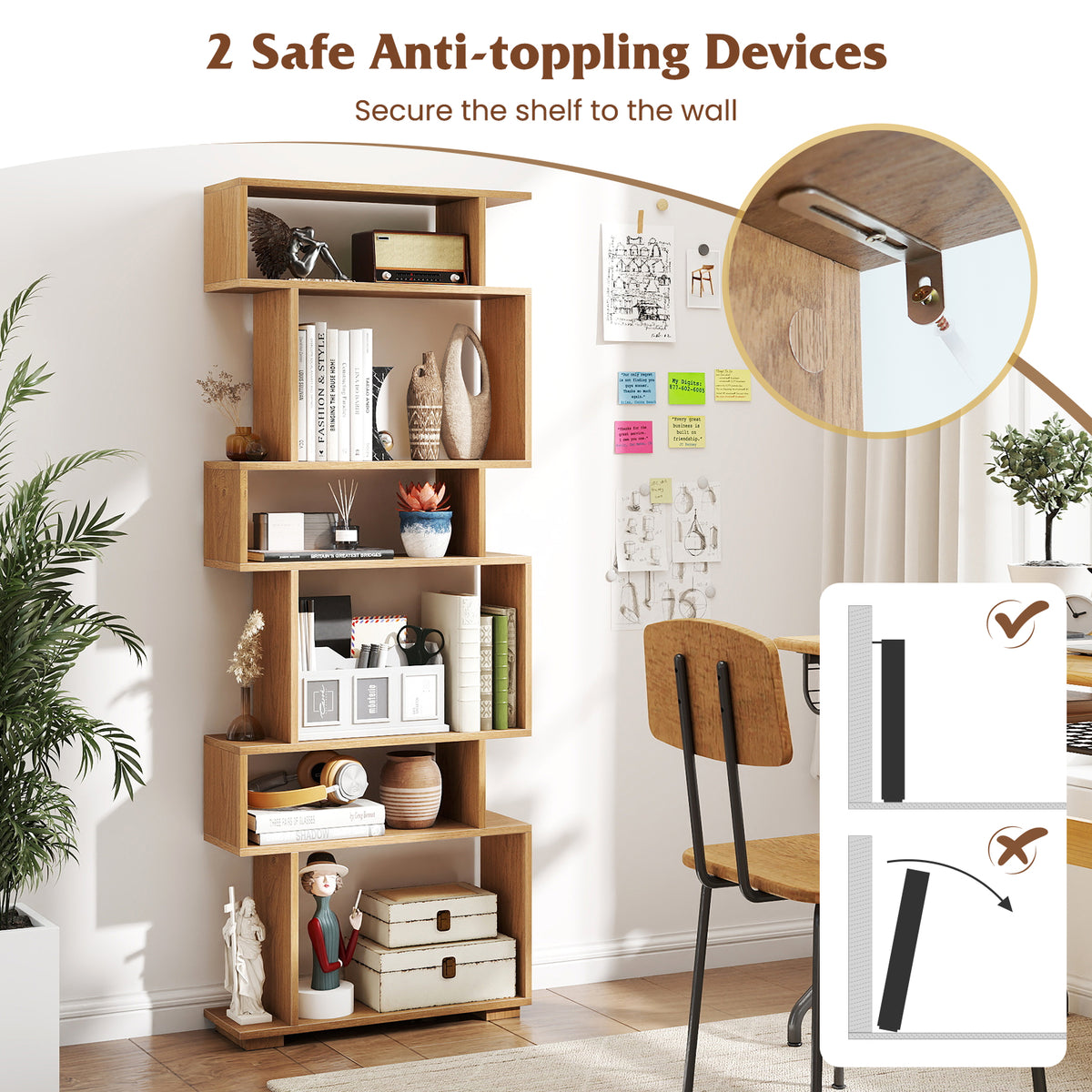 6-Tier Geometric Bookshelf with 2 Anti-Tipping Kits for Home Office-Natural