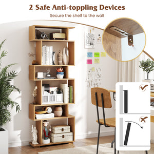 6-Tier Geometric Bookshelf with 2 Anti-Tipping Kits for Home Office-Natural