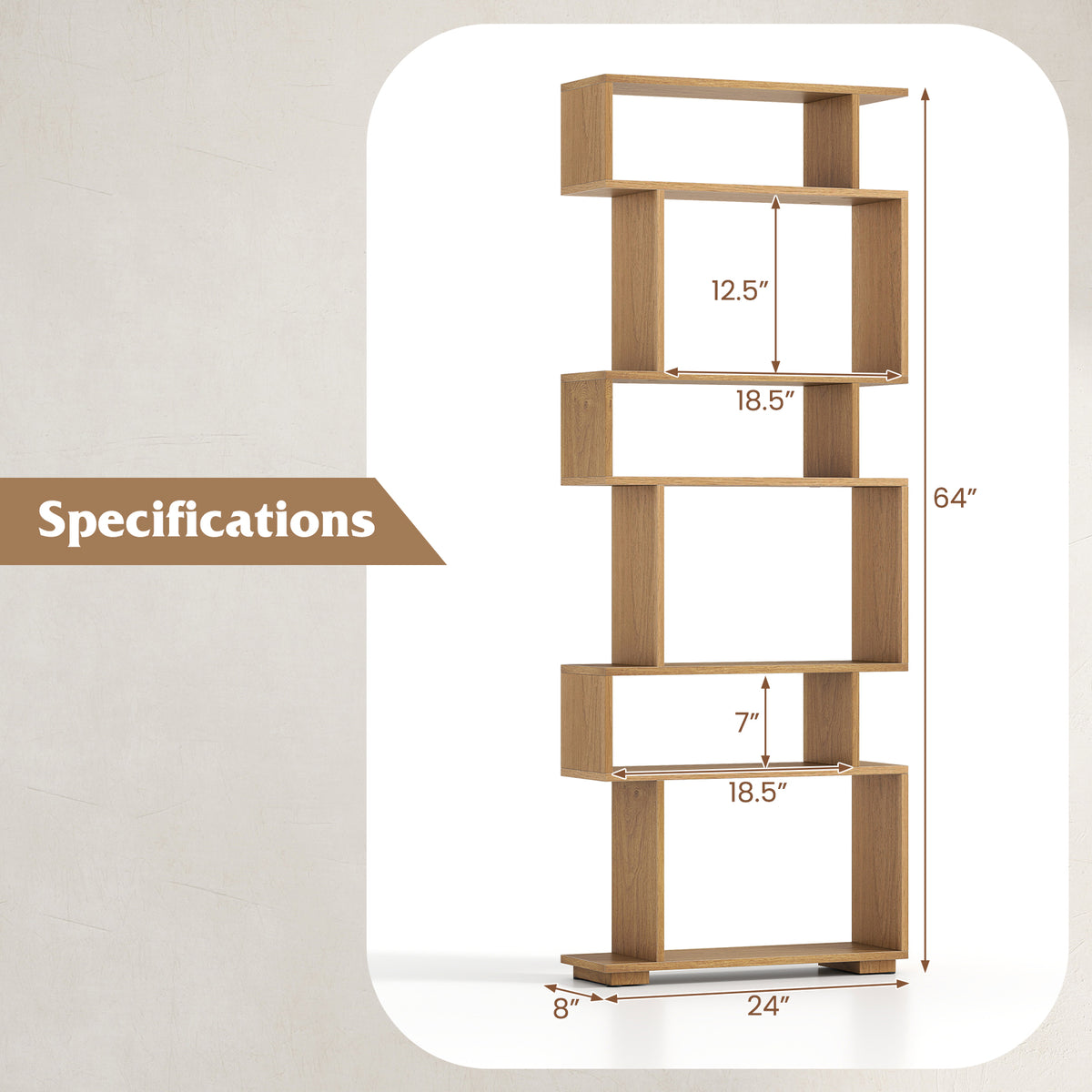 6-Tier Geometric Bookshelf with 2 Anti-Tipping Kits for Home Office-Natural