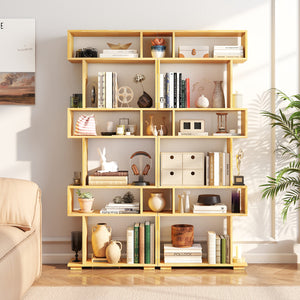 6-Tier Geometric Bookshelf with 2 Anti-Tipping Kits for Home Office-Wood
