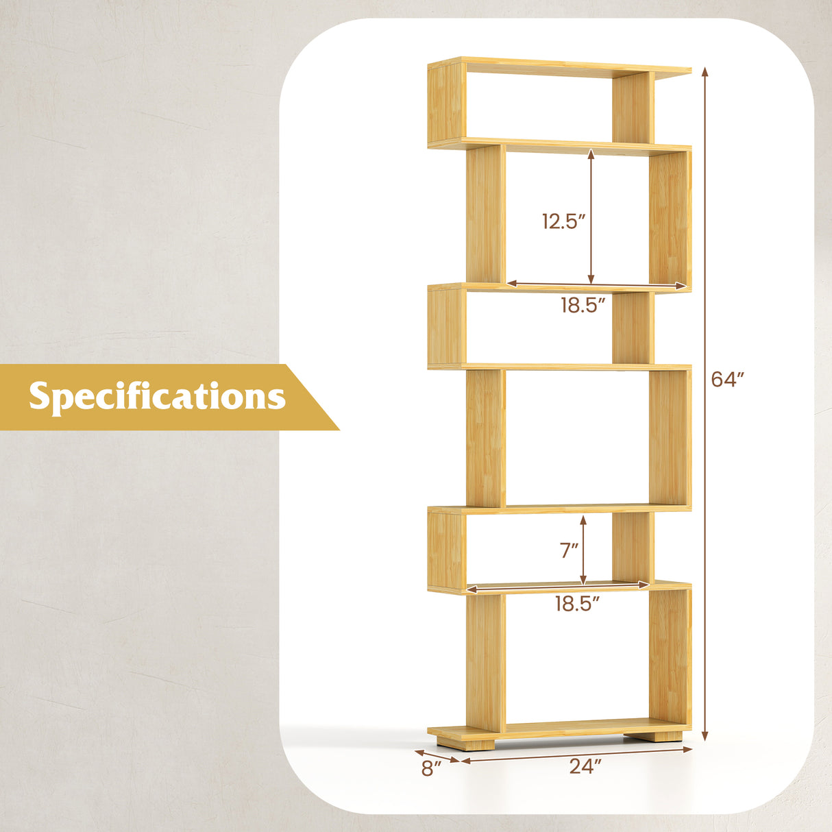 6-Tier Geometric Bookshelf with 2 Anti-Tipping Kits for Home Office-Wood