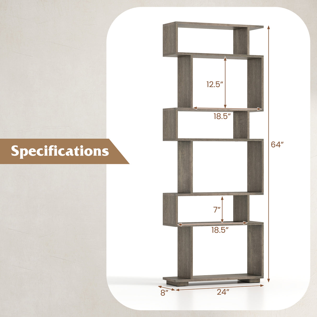 6-Tier Geometric Bookshelf with 2 Anti-Tipping Kits for Home Office-Oak