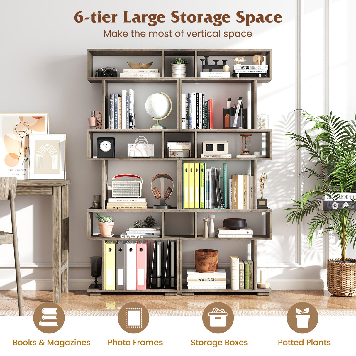 6-Tier Geometric Bookshelf with 2 Anti-Tipping Kits for Home Office-Oak