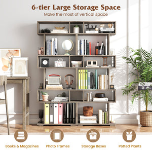 6-Tier Geometric Bookshelf with 2 Anti-Tipping Kits for Home Office-Oak