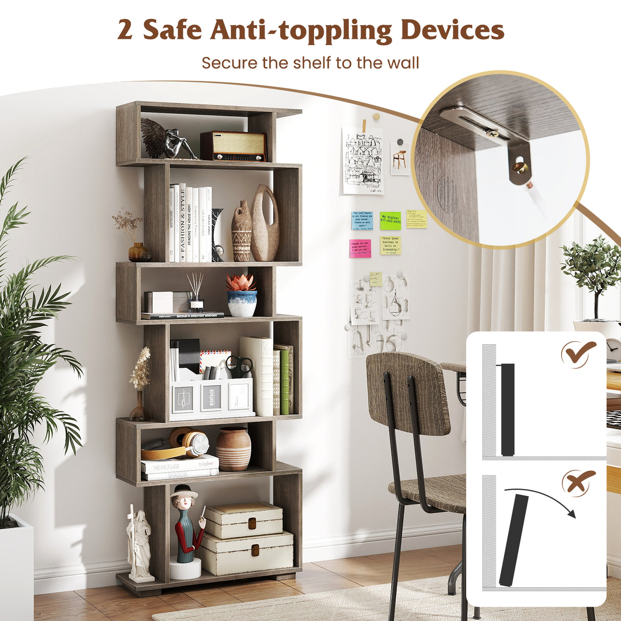 6-Tier Geometric Bookshelf with 2 Anti-Tipping Kits for Home Office-Oak