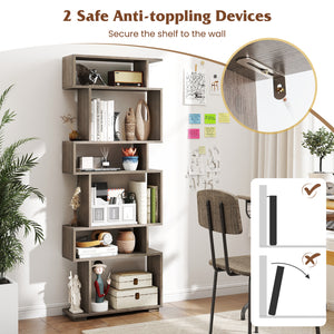 6-Tier Geometric Bookshelf with 2 Anti-Tipping Kits for Home Office-Oak