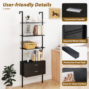 6-Tier Ladder Bookcase with 2 Drawers and Metal Frame-Black