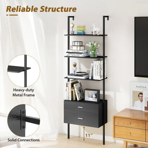 6-Tier Ladder Bookcase with 2 Drawers and Metal Frame-Black