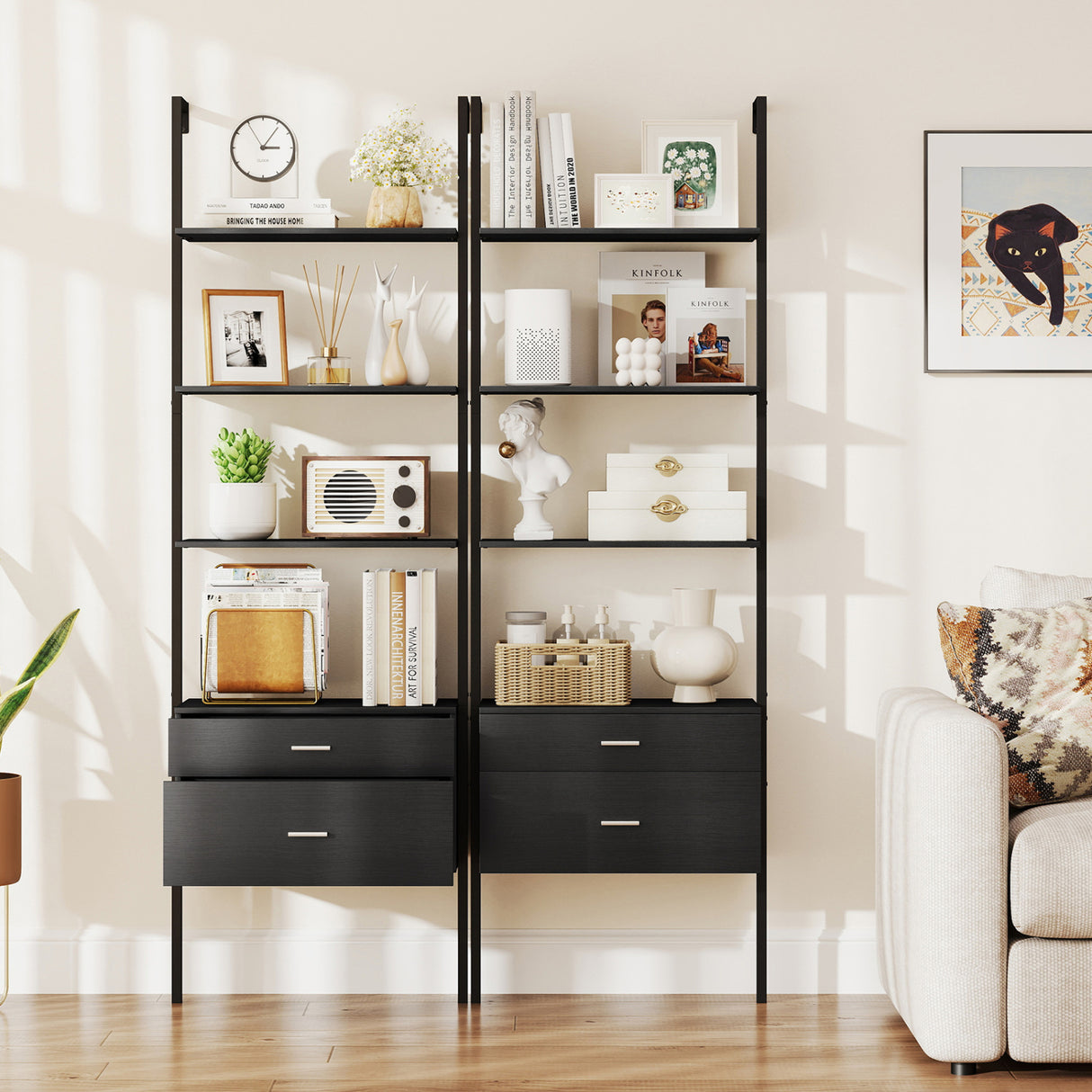 6-Tier Ladder Bookcase with 2 Drawers and Metal Frame-Black