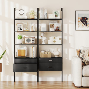 6-Tier Ladder Bookcase with 2 Drawers and Metal Frame-Black