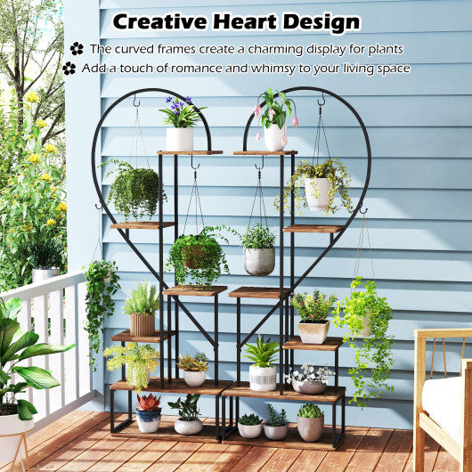 6-Tier Metal Plant Stand 2 Half-Heart-Shape Ladder Plant Shelves-Coffee