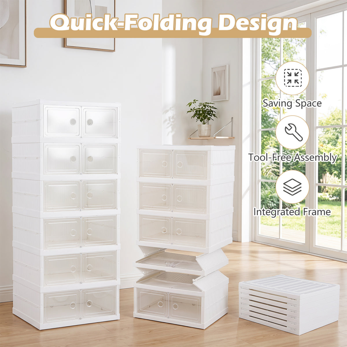 6-Tier Shoe Organizer with Clear Doors and Portable Design for 12 Pairs-White