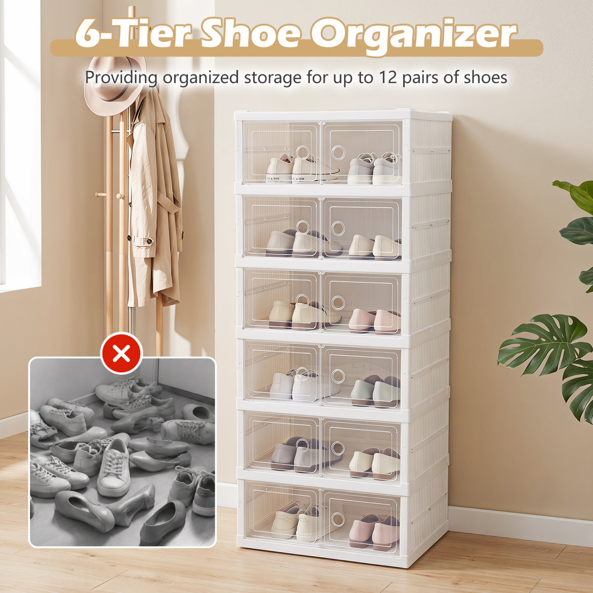 6-Tier Shoe Organizer with Clear Doors and Portable Design for 12 Pairs-White
