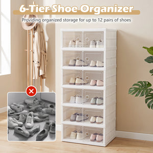 6-Tier Shoe Organizer with Clear Doors and Portable Design for 12 Pairs-White