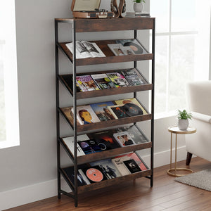 6-Tier Tall Freestanding Bookshelf with Angled Shelves for Home Office-Rustic Brown