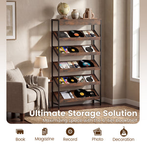 6-Tier Tall Freestanding Bookshelf with Angled Shelves for Home Office-Rustic Brown