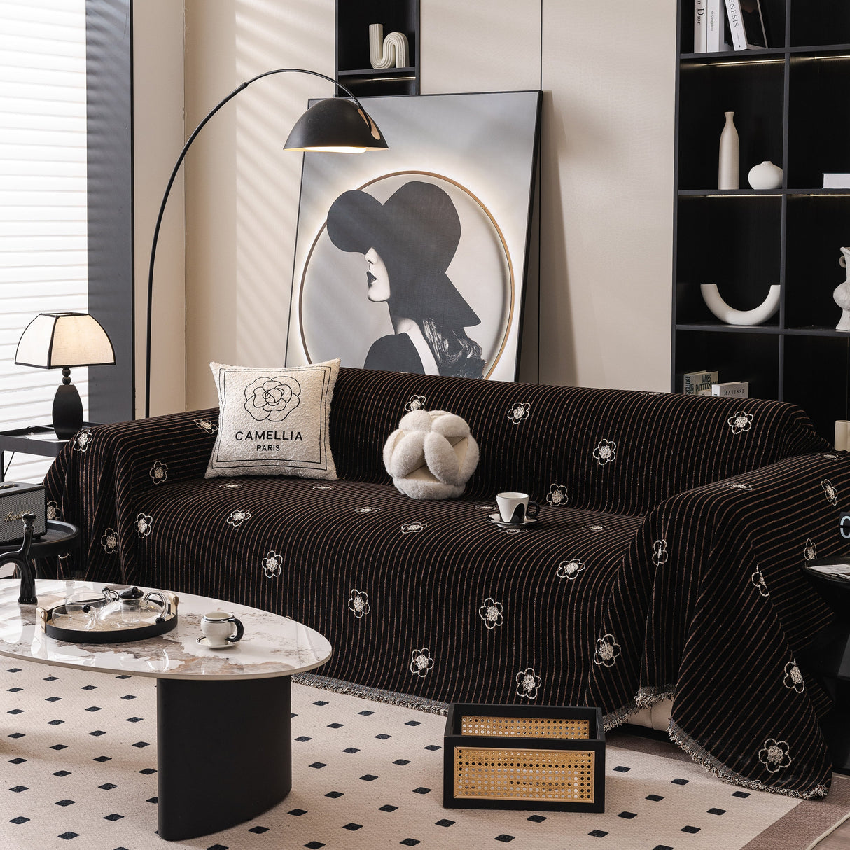 Chenille Camellia Floral Sofa Throw Cover Couch Blanket with Striped Jacquard