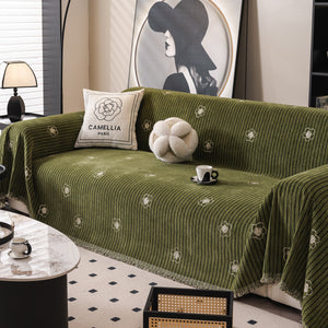 Chenille Camellia Floral Sofa Throw Cover Couch Blanket with Striped Jacquard