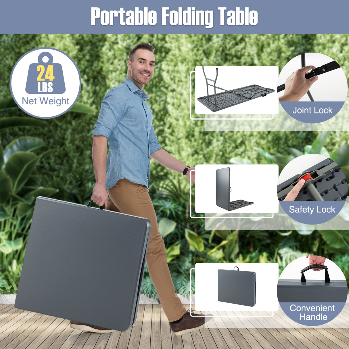 6 ft Portable Folding Table 350 LBS Fold-in-Half Table with HDPE Tabletop-Gray