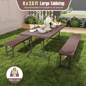 6 ft Portable Folding Table with Rattan-Like HDPE Tabletop and Safe Lock Mechanism-Brown