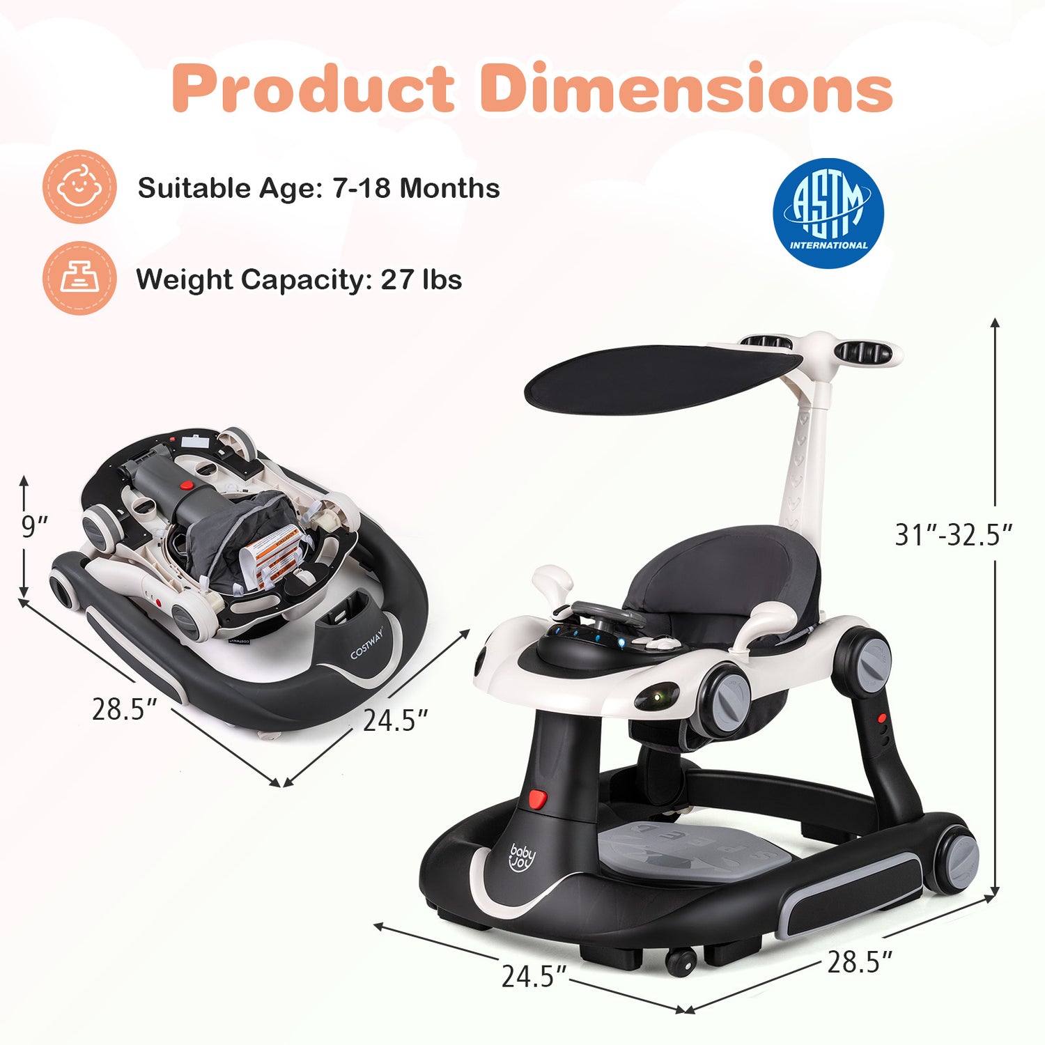 6-in-1 Baby Walker with Canopy Portable Activity Center Bouncer Rocker Combo with Music-White