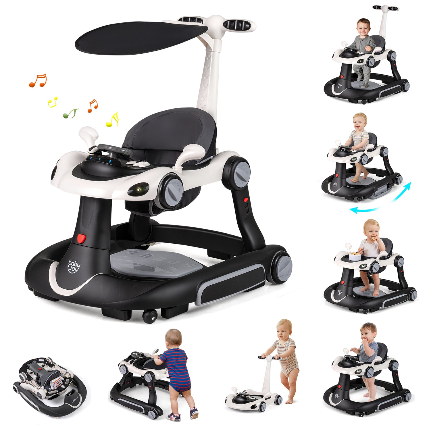 6-in-1 Baby Walker with Canopy Portable Activity Center Bouncer Rocker Combo with Music-White