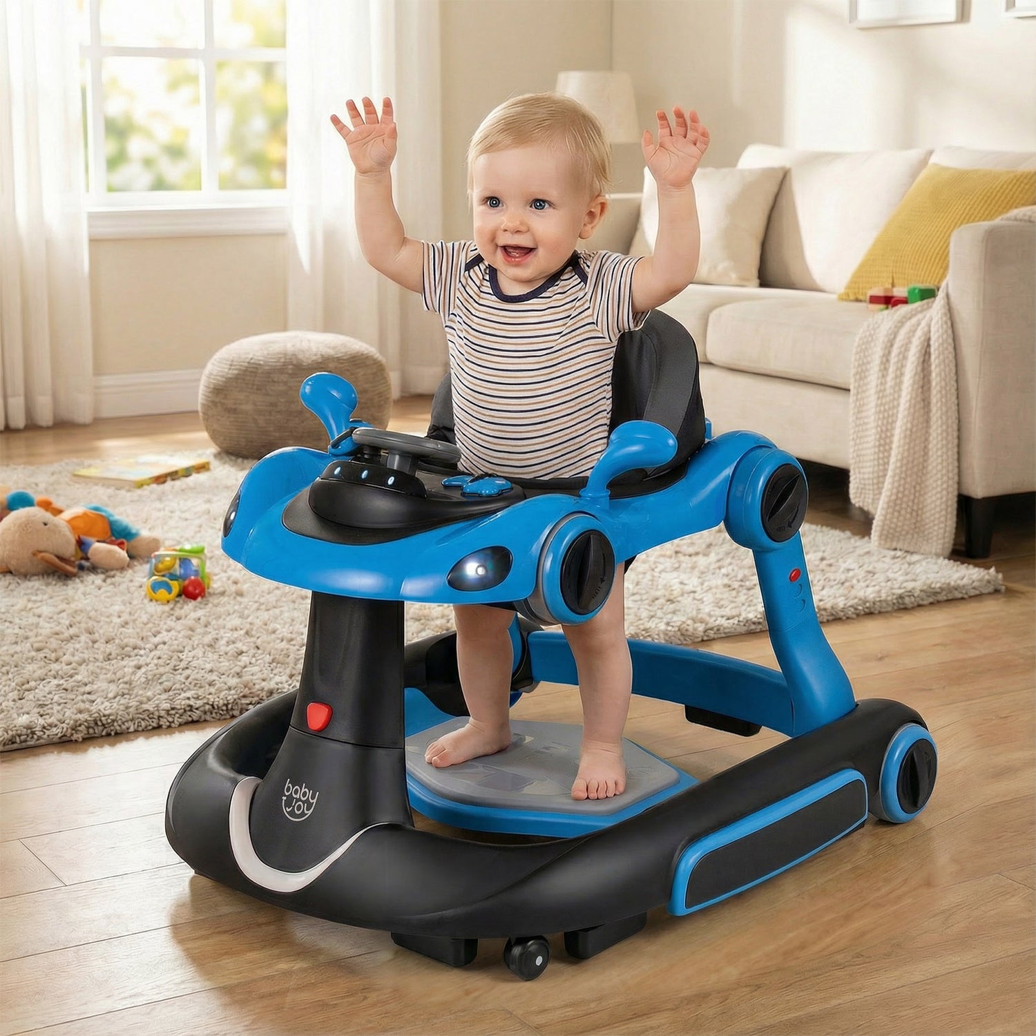 6-in-1 Baby Walker with Canopy Portable Activity Center Bouncer Rocker Combo with Music-Blue