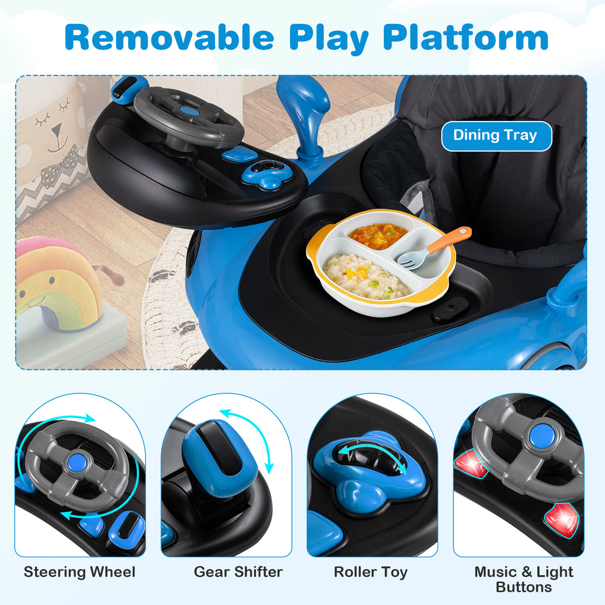 6-in-1 Baby Walker with Canopy Portable Activity Center Bouncer Rocker Combo with Music-Blue