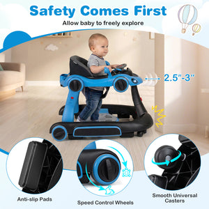 6-in-1 Baby Walker with Canopy Portable Activity Center Bouncer Rocker Combo with Music-Blue