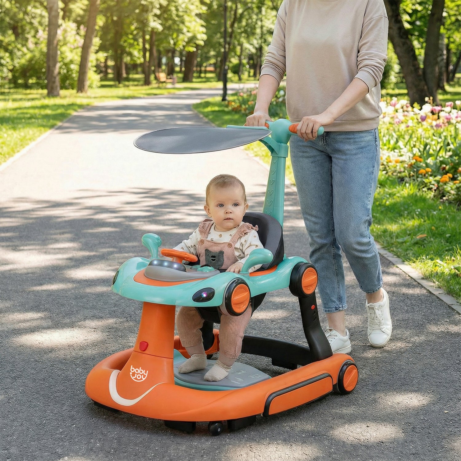 6-in-1 Baby Walker with Canopy Portable Activity Center Bouncer Rocker Combo with Music-Green