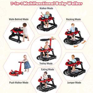 6-in-1 Baby Walker with Canopy Portable Activity Center Bouncer Rocker Combo with Music-Red
