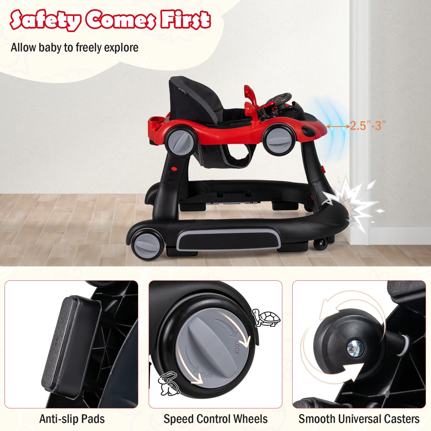 6-in-1 Baby Walker with Canopy Portable Activity Center Bouncer Rocker Combo with Music-Red