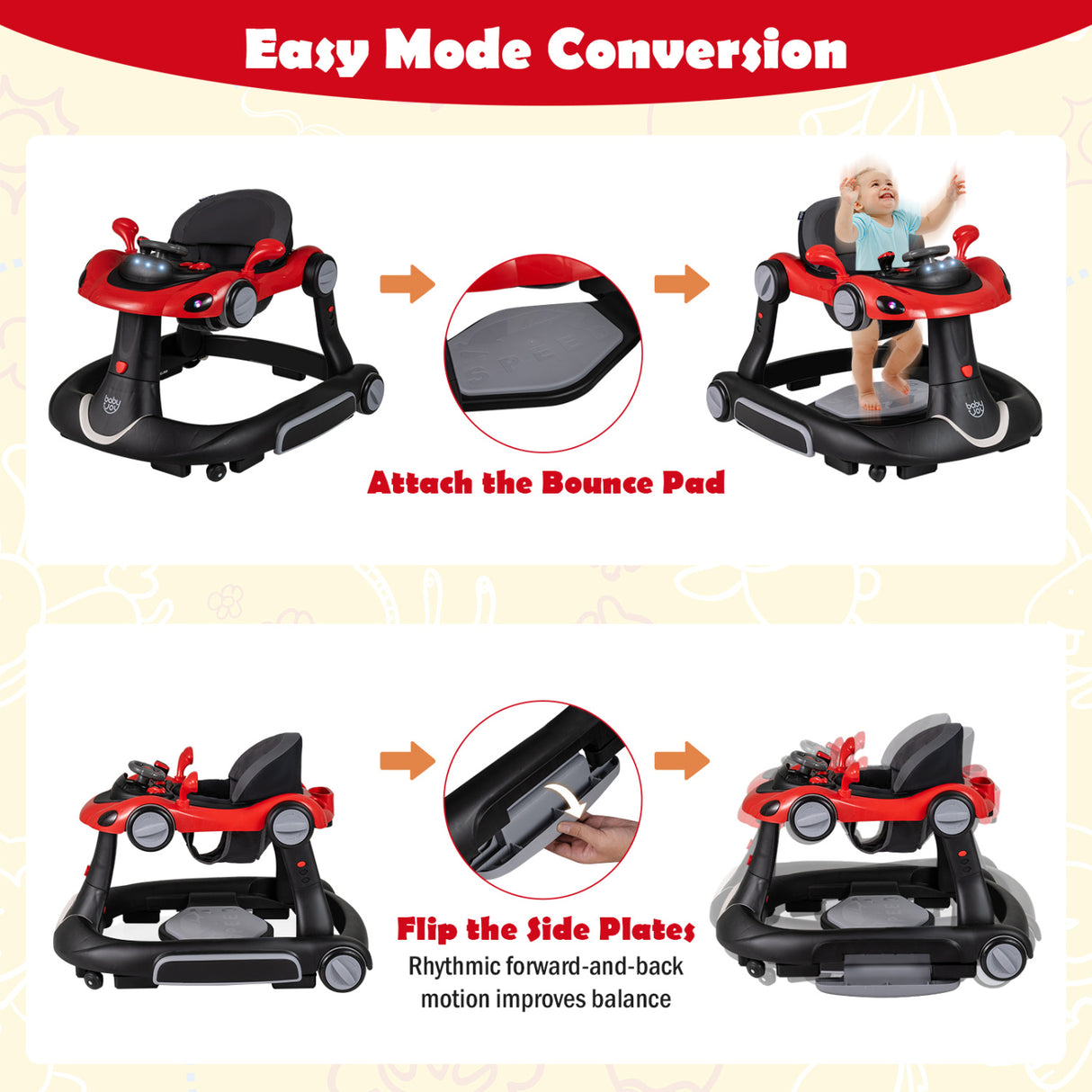 6-in-1 Baby Walker with Canopy Portable Activity Center Bouncer Rocker Combo with Music-Red