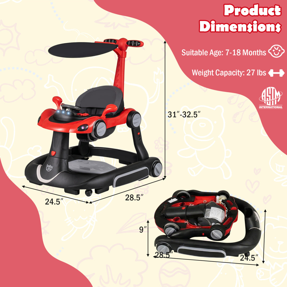 6-in-1 Baby Walker with Canopy Portable Activity Center Bouncer Rocker Combo with Music-Red