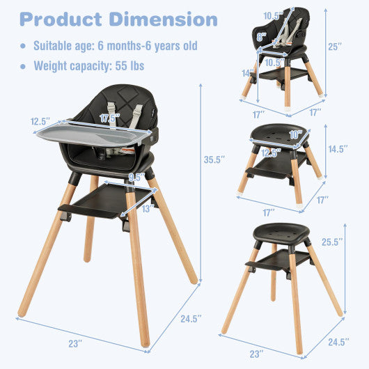 6 in 1 Convertible Highchair with Safety Harness and Removable Tray-Black