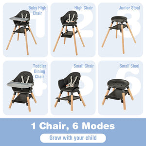 6 in 1 Convertible Highchair with Safety Harness and Removable Tray-Black
