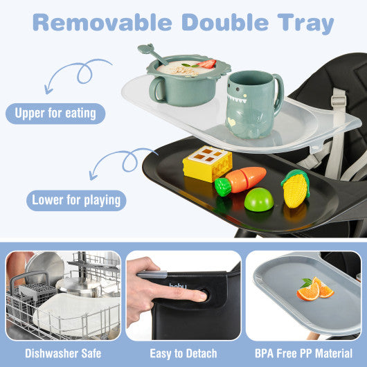 6 in 1 Convertible Highchair with Safety Harness and Removable Tray-Black