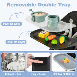 6 in 1 Convertible Highchair with Safety Harness and Removable Tray-Black