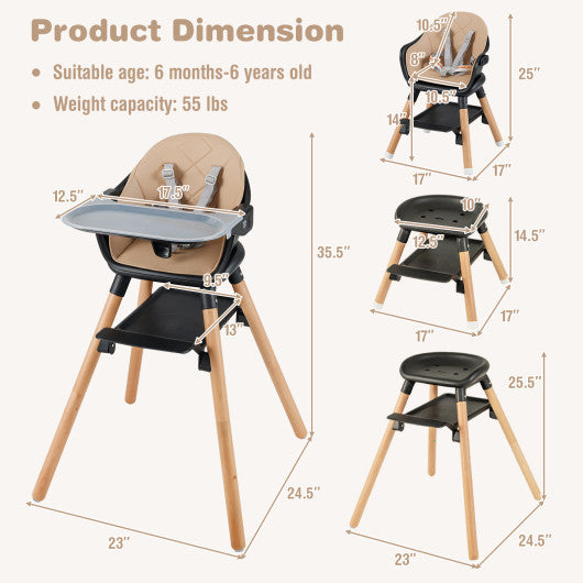 6 in 1 Convertible Highchair with Safety Harness and Removable Tray-Coffee