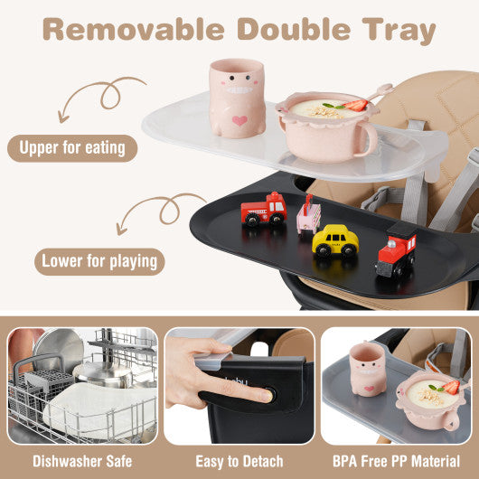 6 in 1 Convertible Highchair with Safety Harness and Removable Tray-Coffee